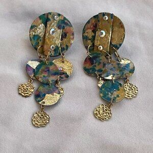 Vintage Blue Polymer Clay Women’s Gold Tone Western Stones Chandelier Earrings